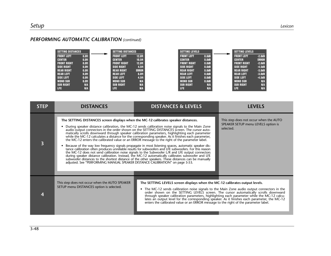 Lexicon MC-12 manual Setup, Step, Distances & Levels 