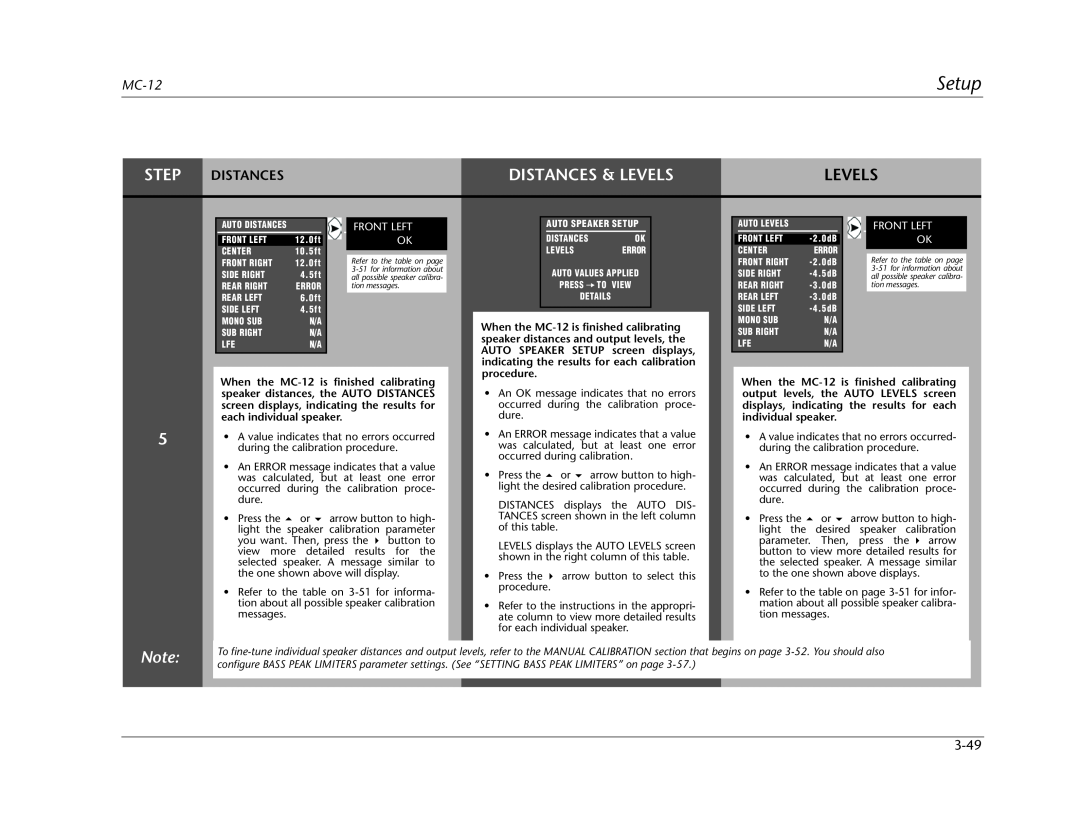 Lexicon MC-12 manual Setup, Distances & Levels, Step Distances, Front Left Ok 