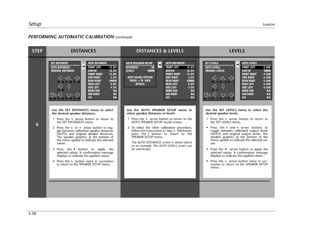 Lexicon MC-12 manual Step, Distances & Levels, Setup, PERFORMING AUTOMATIC CALIBRATION continued 