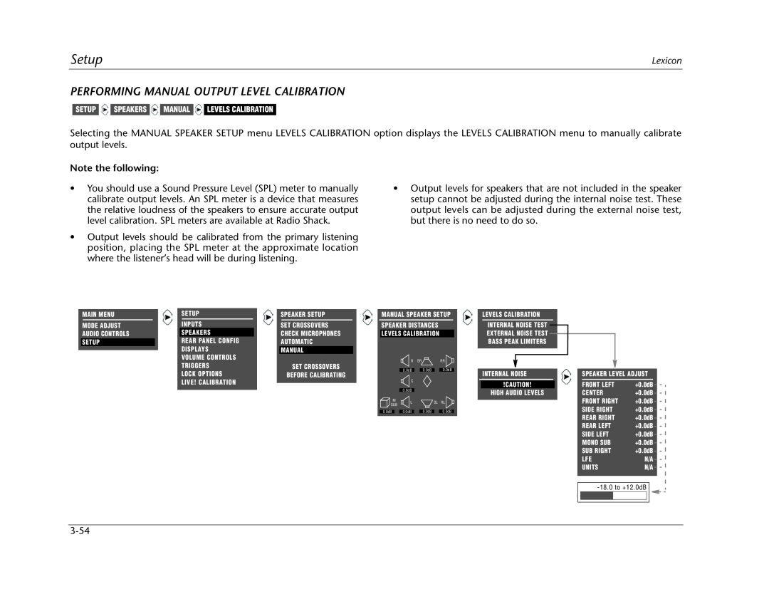 Lexicon MC-12 manual Setup, Performing Manual Output Level Calibration, Note the following 