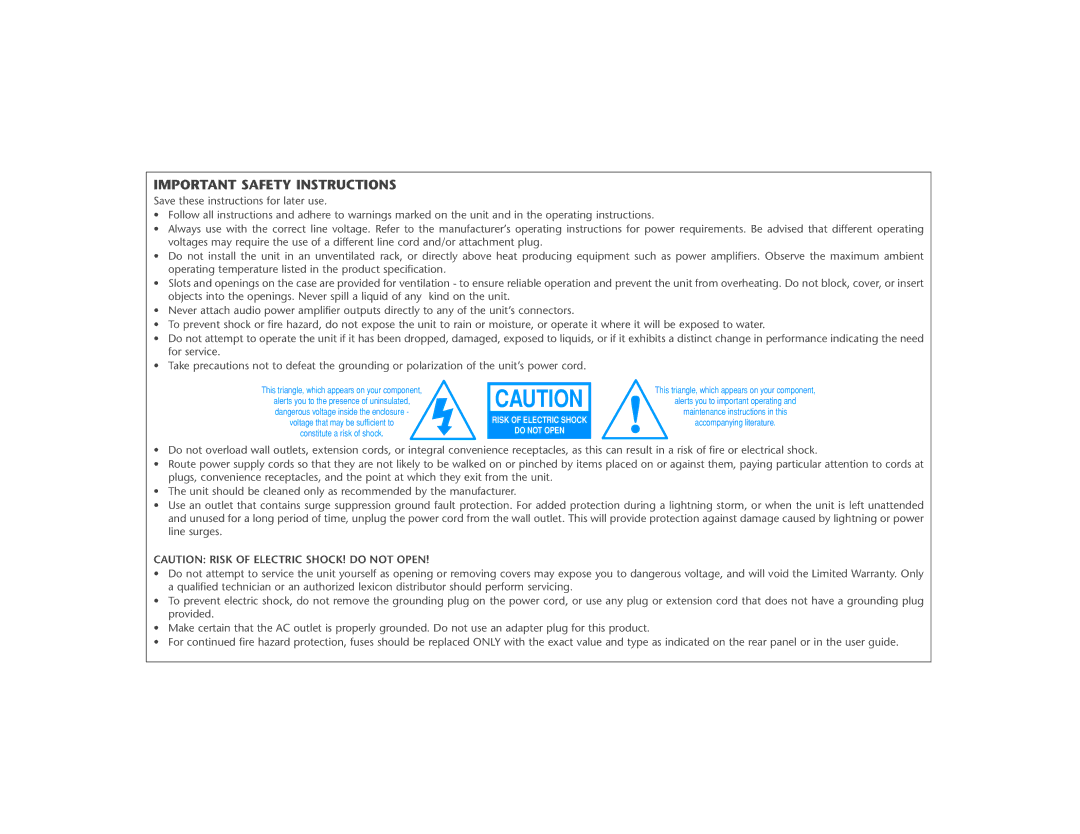 Lexicon MPX 550 manual Important Safety Instructions 