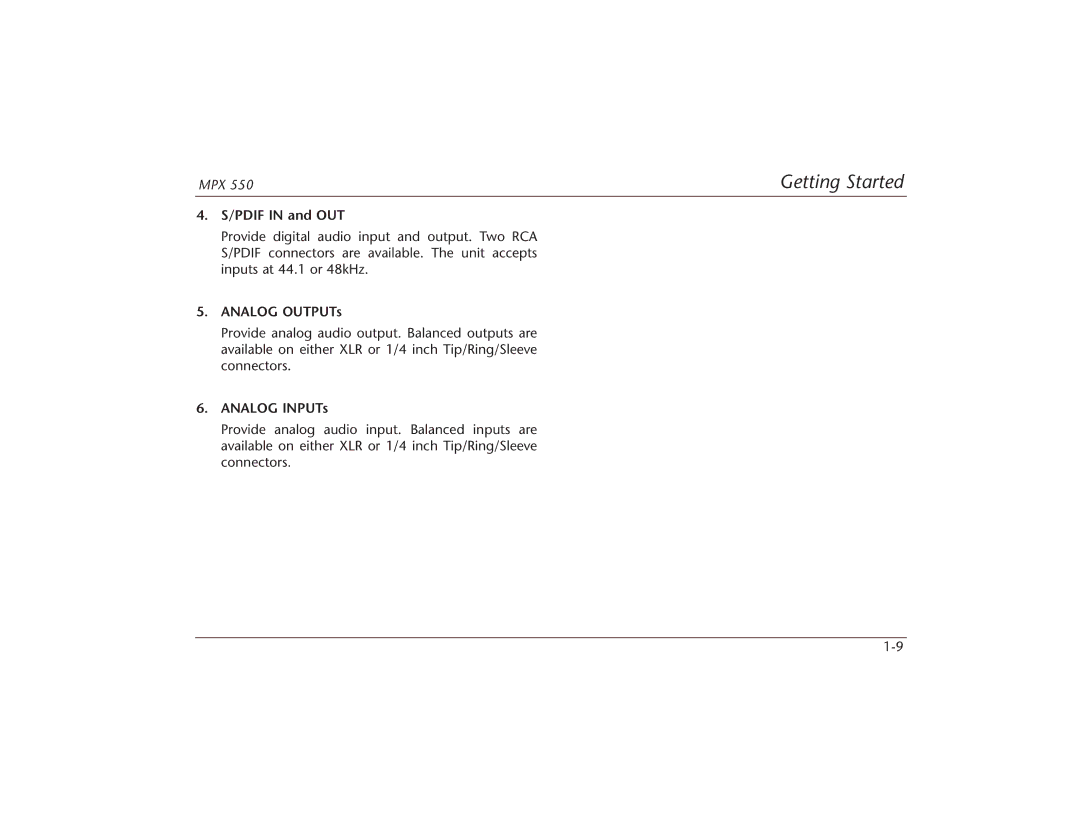 Lexicon MPX 550 manual Pdif in and OUT, Analog OUTPUTs, Analog INPUTs 