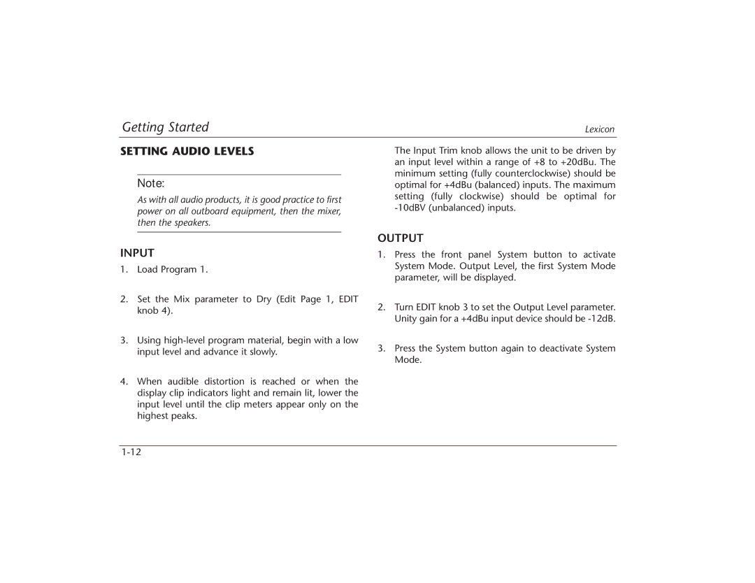 Lexicon MPX 550 manual Setting Audio Levels, Input, Output 