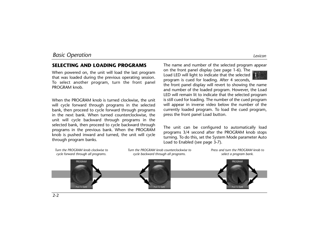 Lexicon MPX 550 manual Basic Operation, Selecting and Loading Programs 