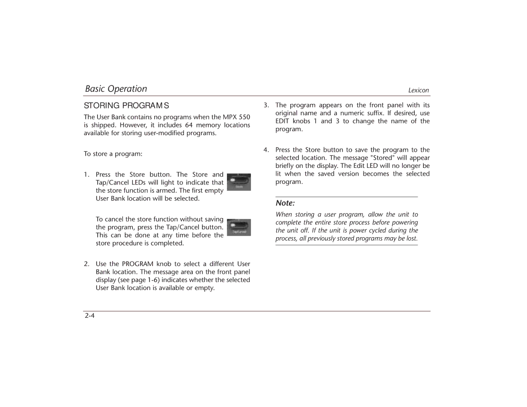 Lexicon MPX 550 manual Storing Programs 