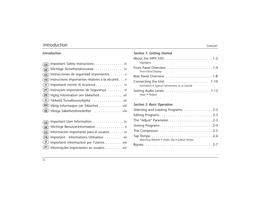 Lexicon MPX 550 manual Introduction 