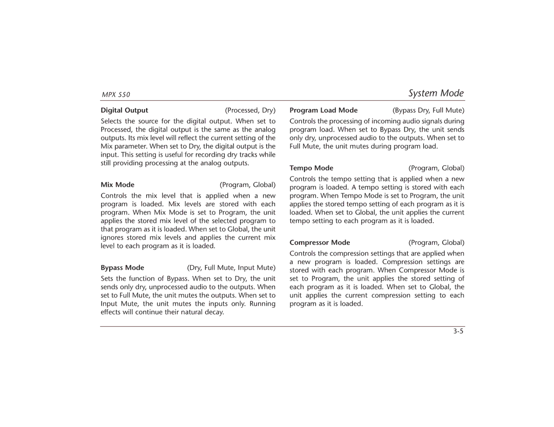 Lexicon MPX 550 manual Digital Output, Mix Mode Program, Global, Bypass Mode Dry, Full Mute, Input Mute, Program Load Mode 