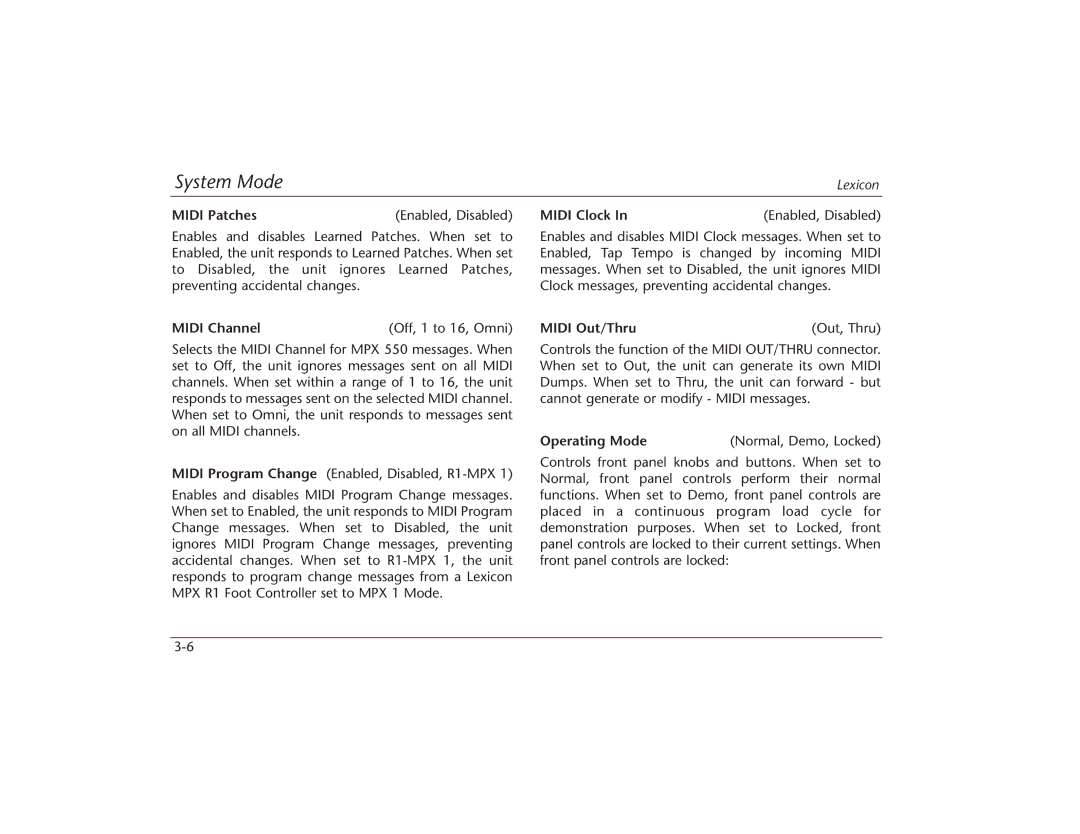 Lexicon MPX 550 manual Midi Patches Enabled, Disabled, Midi Channel Off, 1 to 16, Omni, Midi Clock Enabled, Disabled 