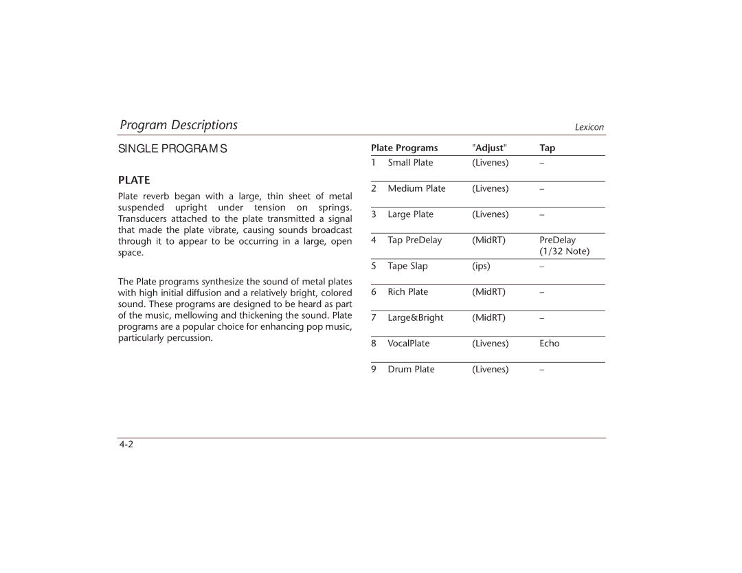 Lexicon MPX 550 manual Single Programs Plate, Plate Programs Adjust Tap 