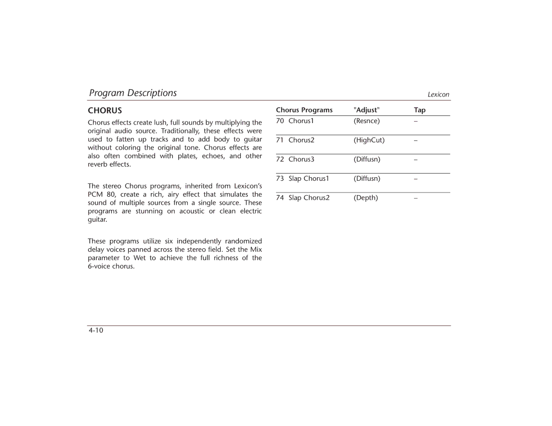 Lexicon MPX 550 manual Chorus Programs Adjust Tap 