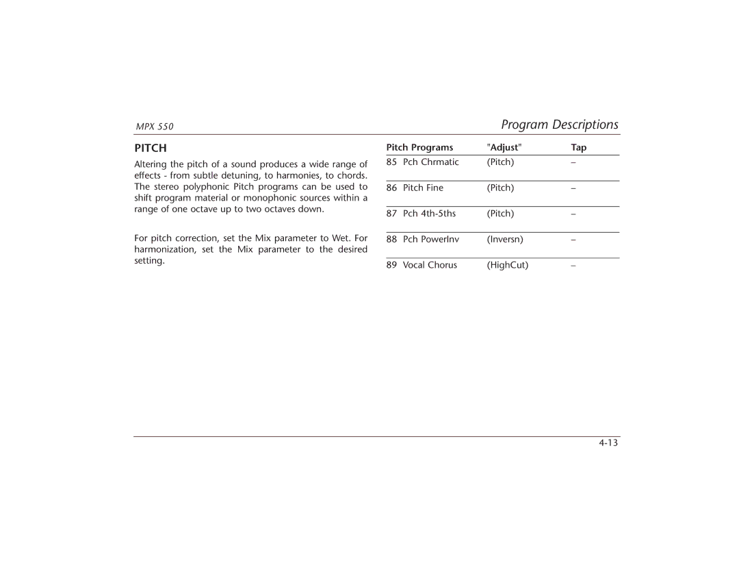 Lexicon MPX 550 manual Pitch Programs Adjust Tap 