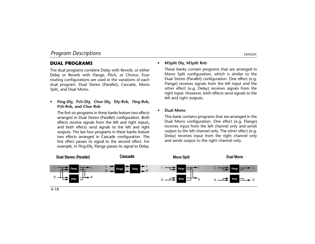 Lexicon MPX 550 manual Dual Programs, MSplit Dly, MSplit Rvb, Dual Mono 