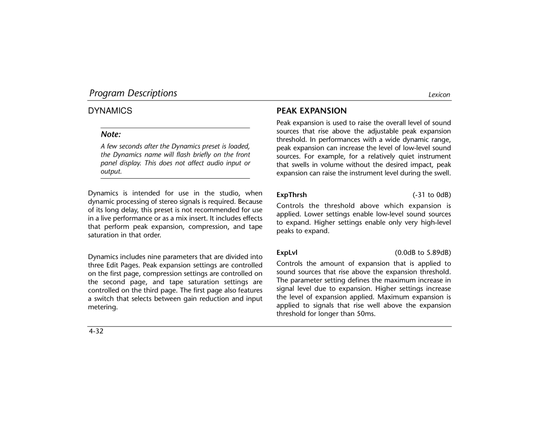 Lexicon MPX 550 manual Dynamics, Peak Expansion, ExpThrsh, ExpLvl 0dB to 5.89dB 