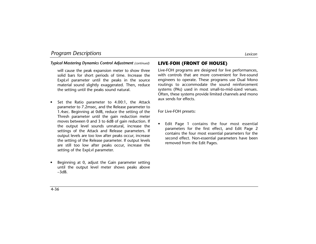 Lexicon MPX 550 manual LIVE-FOH Front of House, Typical Mastering Dynamics Control Adjustment 