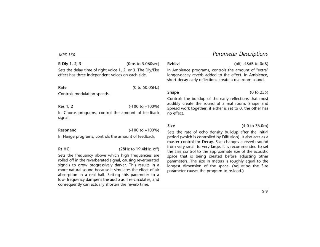 Lexicon MPX 550 manual Rate To 50.05Hz RvbLvl, Res 1, Shape, Resonanc, Size, Rt HC 