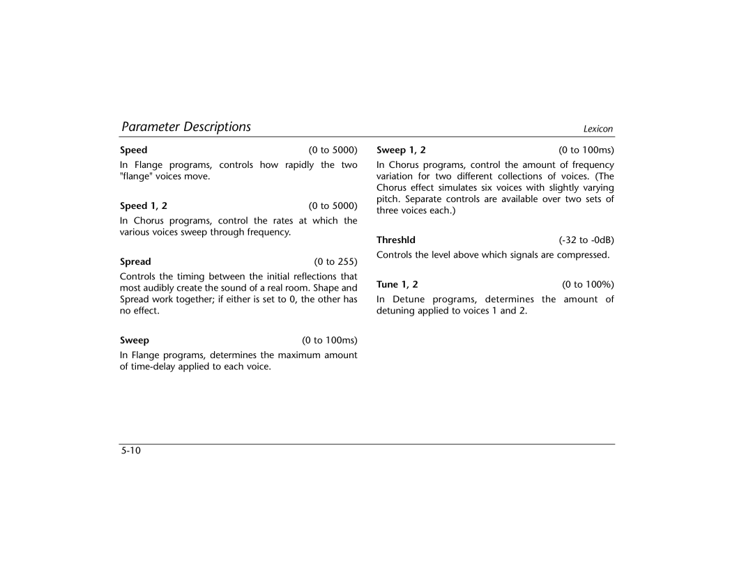 Lexicon MPX 550 manual Speed 1, Spread, Sweep To 100ms, Sweep 1 To 100ms, Threshld, Tune 1 To 100% 