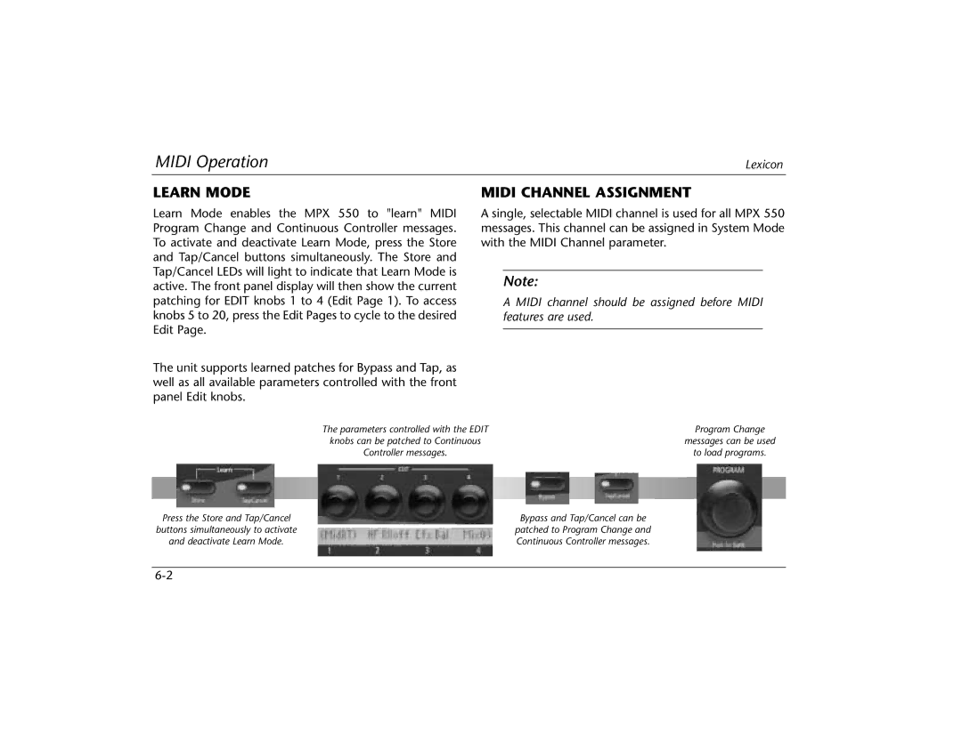 Lexicon MPX 550 manual Learn Mode, Midi Channel Assignment 