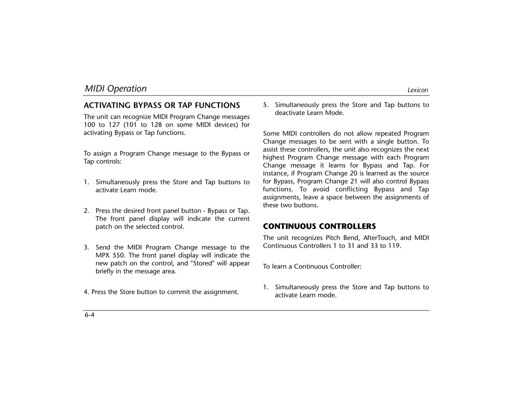 Lexicon MPX 550 manual Activating Bypass or TAP Functions, Continuous Controllers 