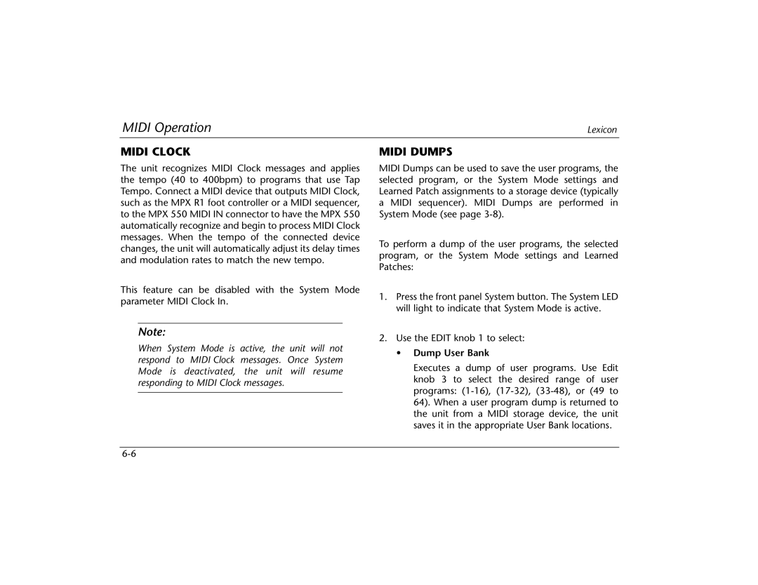 Lexicon MPX 550 manual Midi Clock, Midi Dumps 