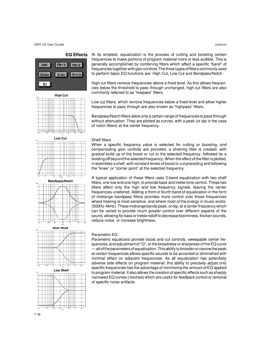 Lexicon MPX G2 manual EQ Effects, High Cut Low Cut Bandpass/Notch High Shelf Low Shelf 