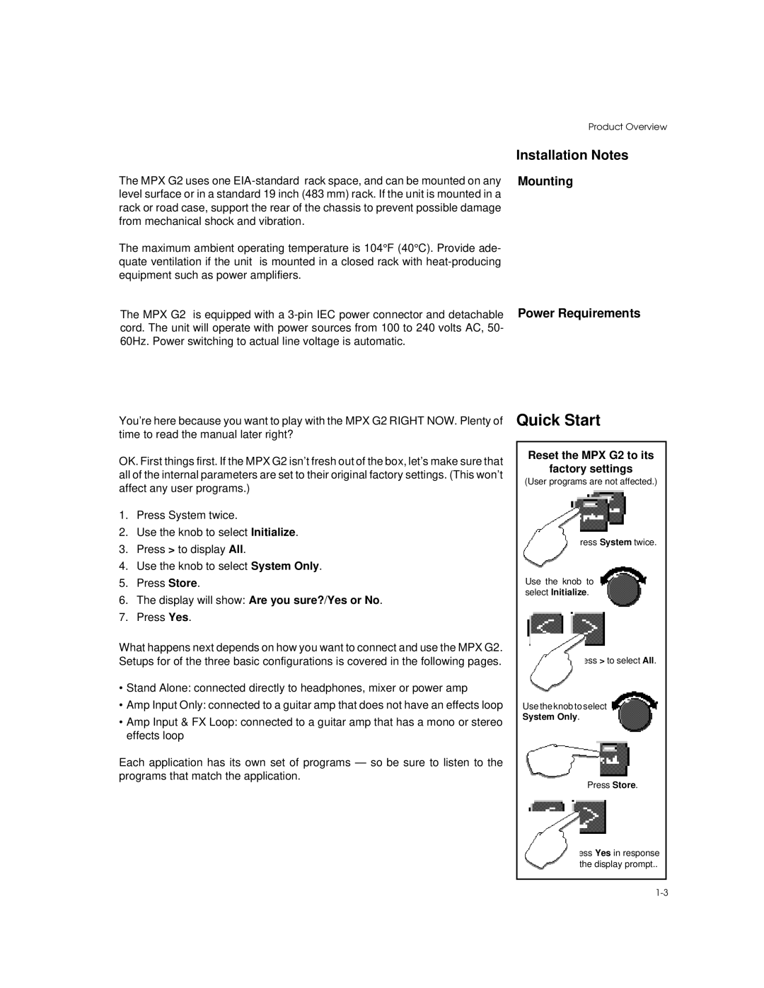 Lexicon manual Installation Notes, Mounting Power Requirements, Reset the MPX G2 to its Factory settings 