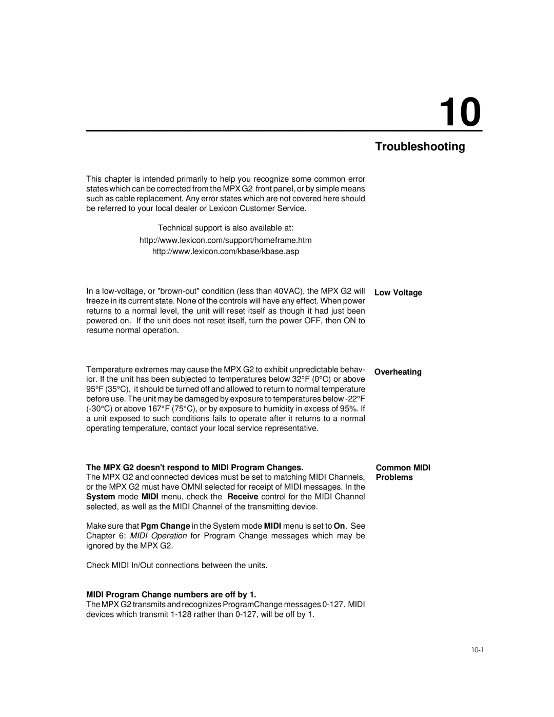 Lexicon manual Low Voltage, Overheating, MPX G2 doesnt respond to Midi Program Changes Common Midi, Problems 