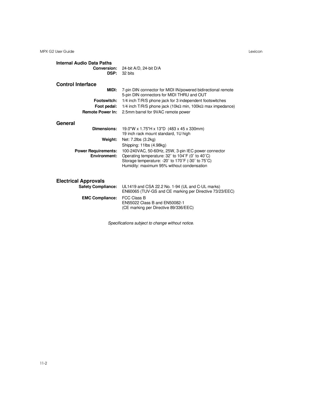 Lexicon MPX G2 manual Control Interface, General, Electrical Approvals, Internal Audio Data Paths 