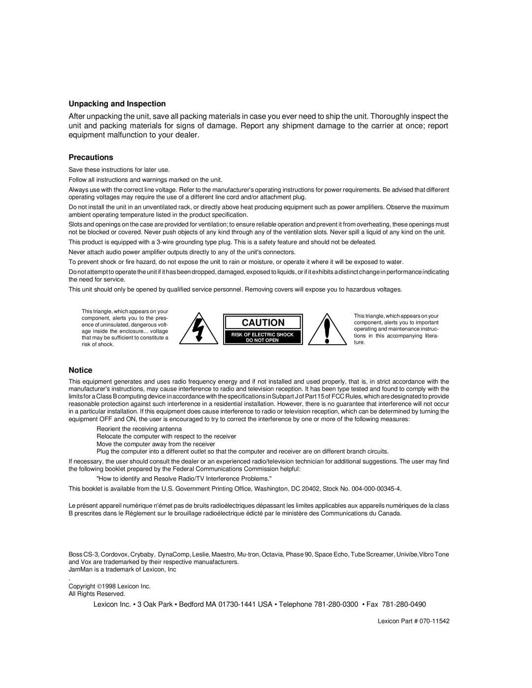 Lexicon MPX G2 manual Unpacking and Inspection, Precautions 