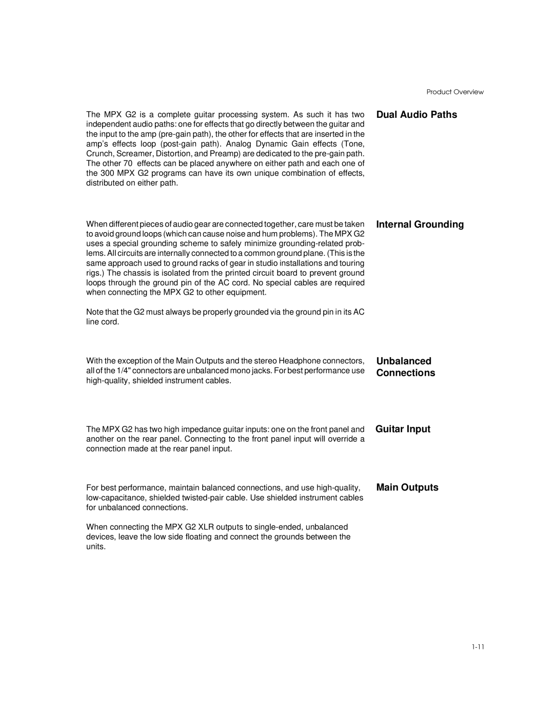 Lexicon MPX G2 manual Dual Audio Paths, Internal Grounding, Unbalanced Connections Guitar Input Main Outputs 