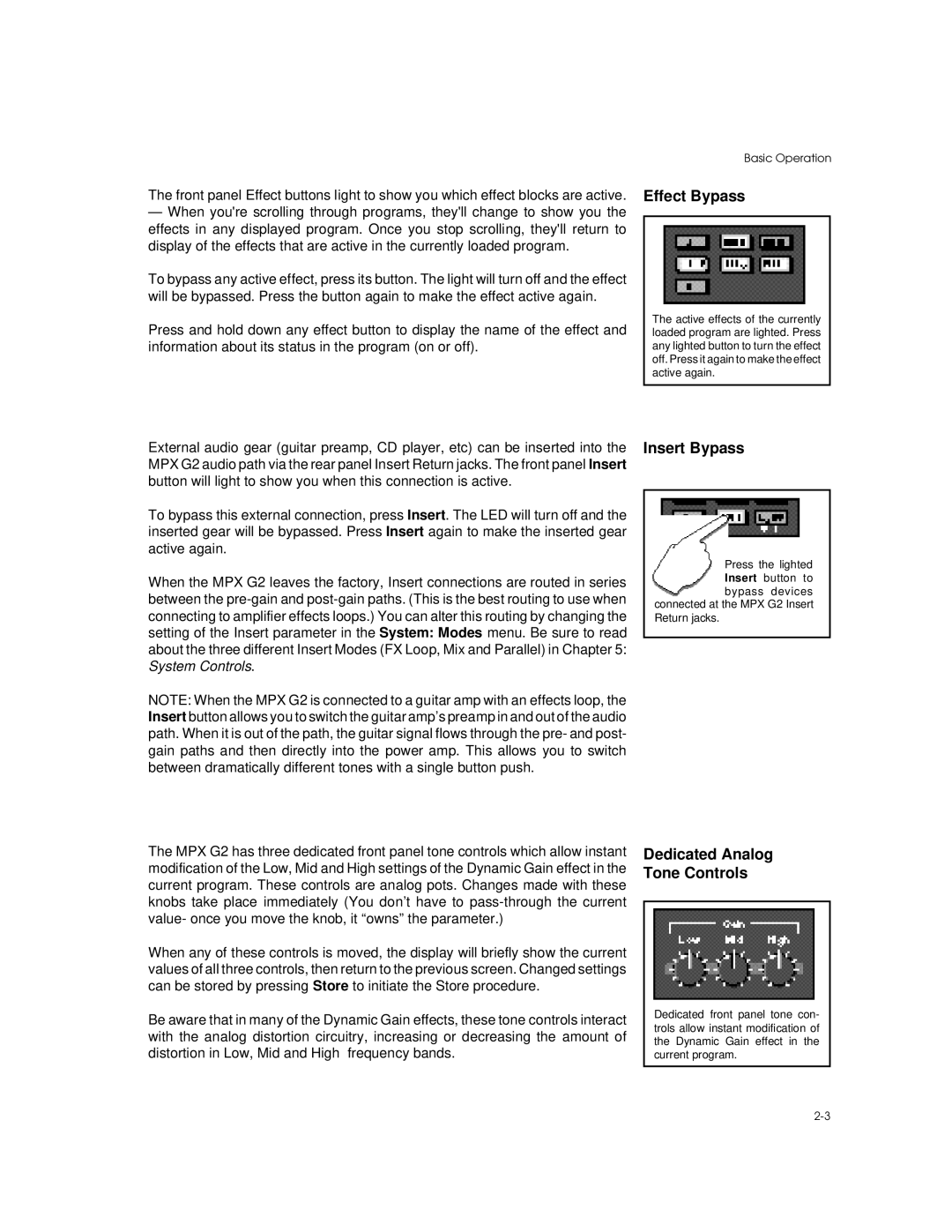 Lexicon MPX G2 manual Effect Bypass, Insert Bypass, Dedicated Analog Tone Controls 
