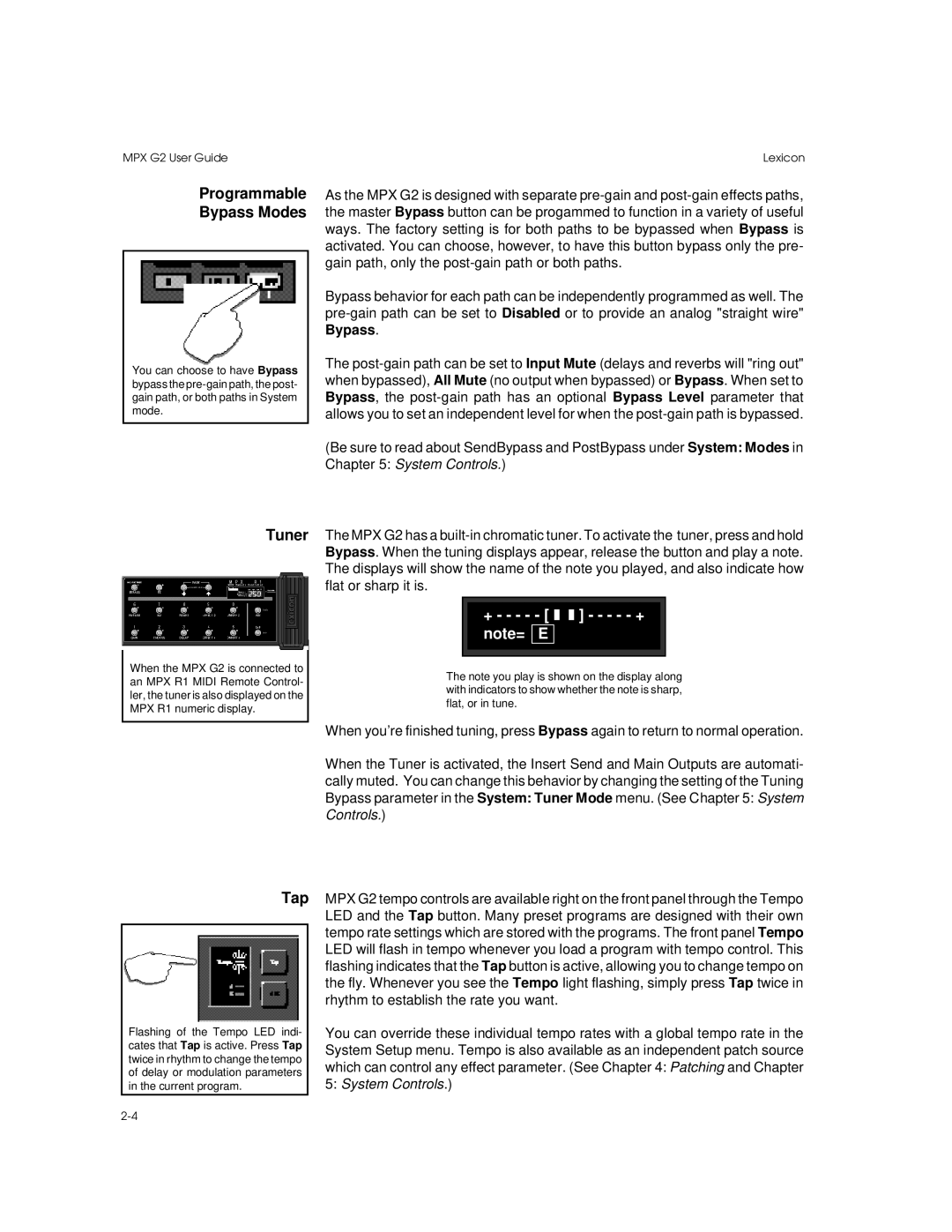 Lexicon MPX G2 manual Programmable Bypass Modes, Tuner, Tap 