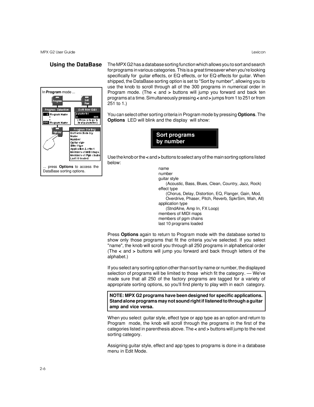 Lexicon MPX G2 manual Using the DataBase, Sort programs by number 