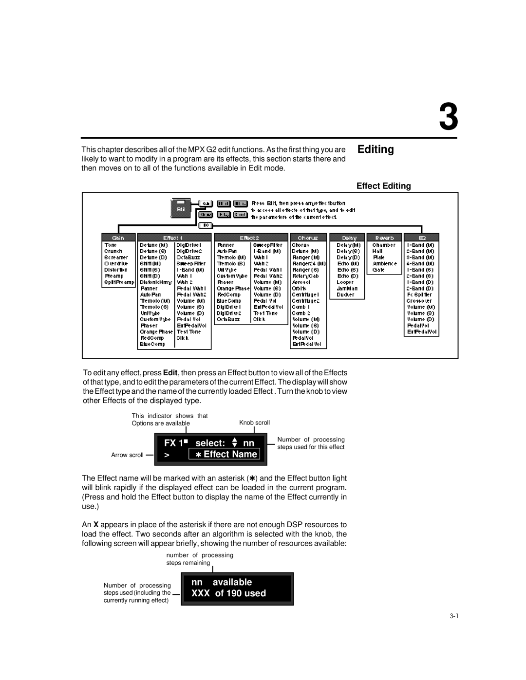 Lexicon MPX G2 manual Select nn Effect Name, Nn available XXX of 190 used, Effect Editing 