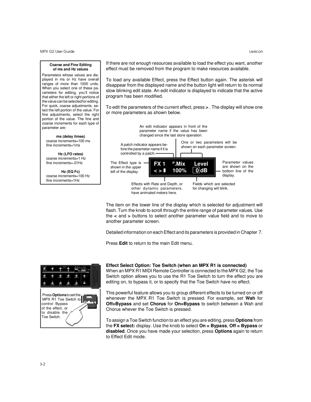 Lexicon MPX G2 manual Mix, 100%, Effect Select Option Toe Switch when an MPX R1 is connected 