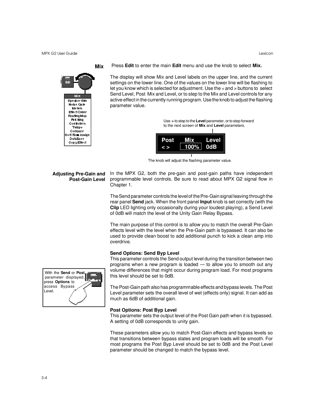 Lexicon MPX G2 manual Post Mix 100% Level 0dB, Adjusting Pre-Gain and Post-Gain Level, Send Options Send Byp Level 