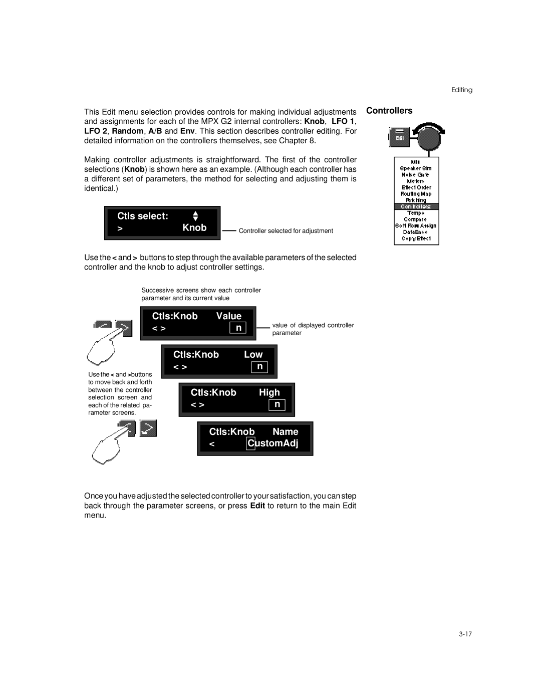 Lexicon MPX G2 manual Ctls select Knob, CtlsKnob Value, CtlsKnob Low High CtlsKnob Name CustomAdj, Controllers 