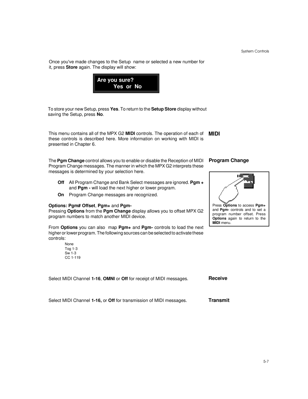 Lexicon MPX G2 manual Program Change, Receive, Transmit, Options Pgm# Offset, Pgm+ and Pgm 