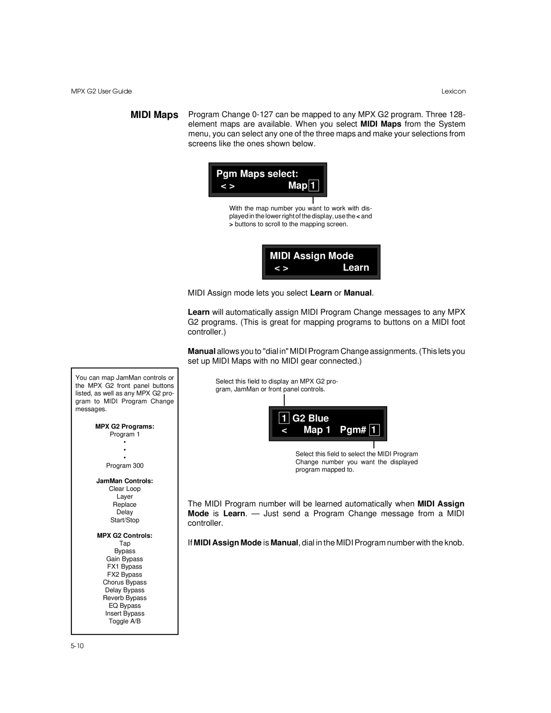 Lexicon MPX G2 manual Midi Maps, Pgm Maps select, Midi Assign Mode, G2 Blue Map 1 Pgm# 
