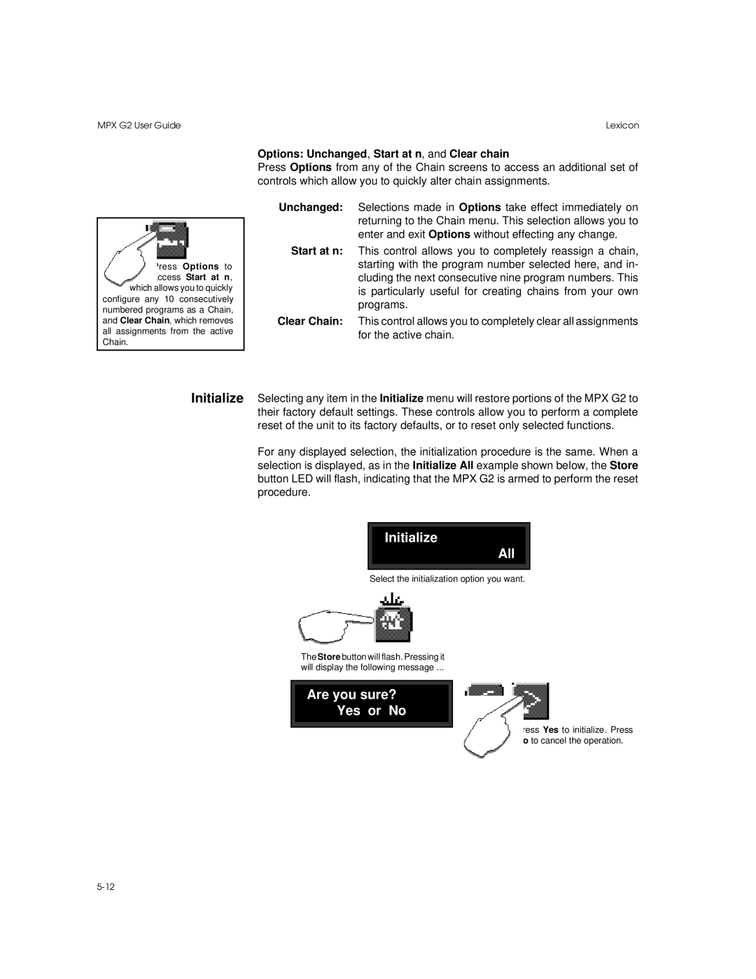 Lexicon MPX G2 manual Initialize All, Options Unchanged, Start at n, and Clear chain 