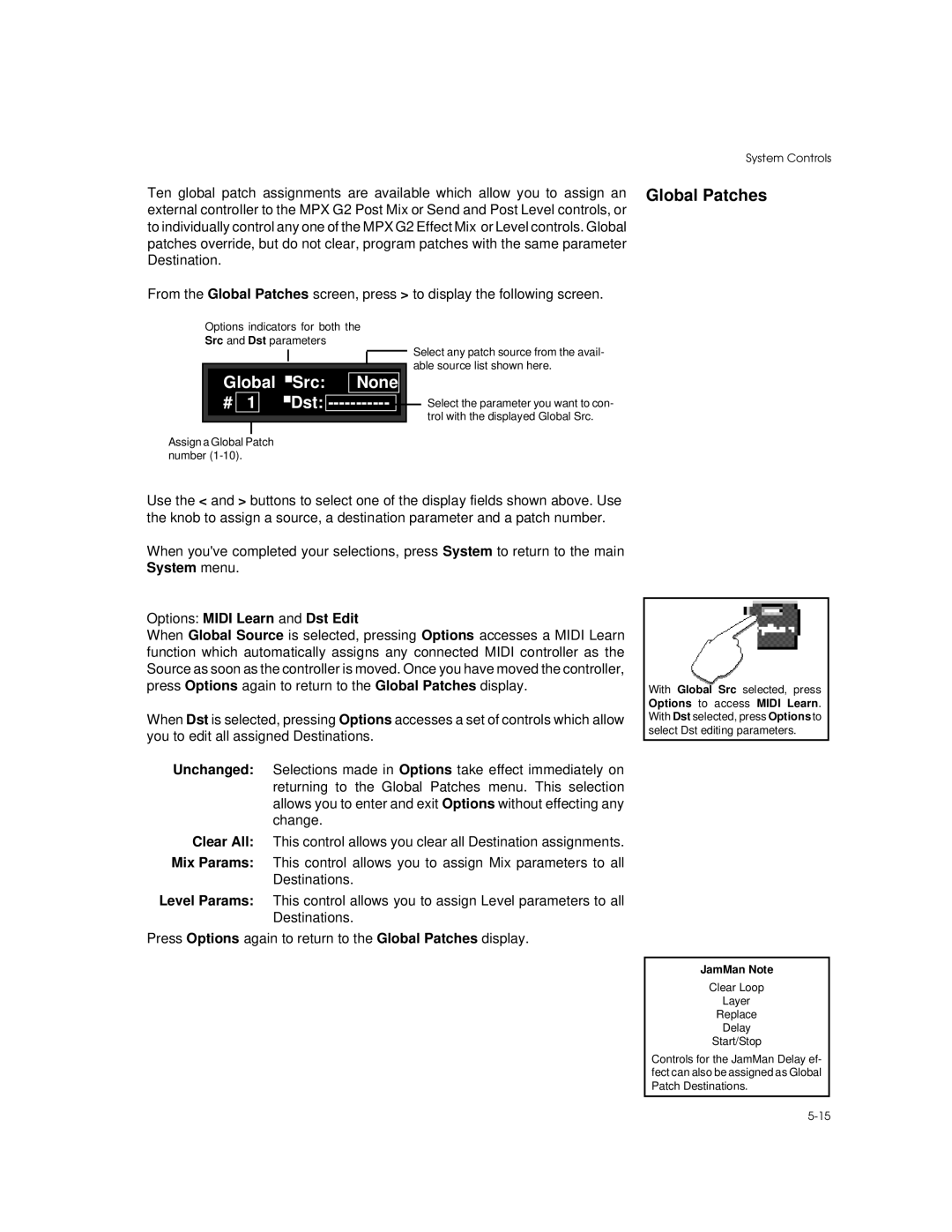 Lexicon MPX G2 manual Global Patches, Global Src None # 1 Dst, Options Midi Learn and Dst Edit, JamMan Note 