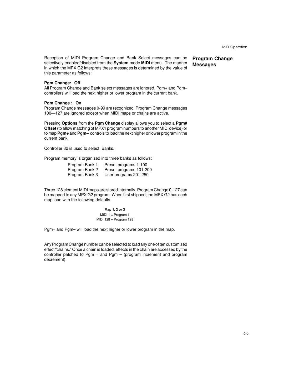 Lexicon MPX G2 manual Program Change Messages, Pgm Change Off, Pgm Change On, Map 1, 2 or 