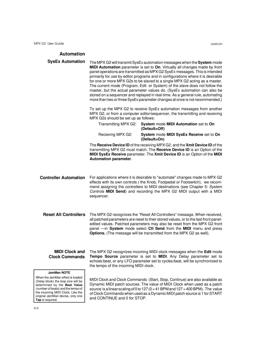 Lexicon MPX G2 manual SysEx Automation, Midi Clock Clock Commands 