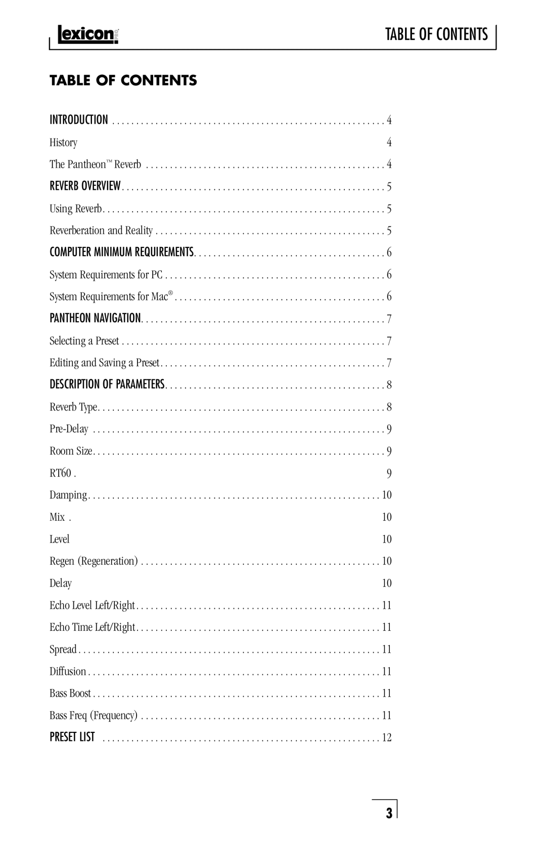 Lexicon musical instrument owner manual Table of Contents 