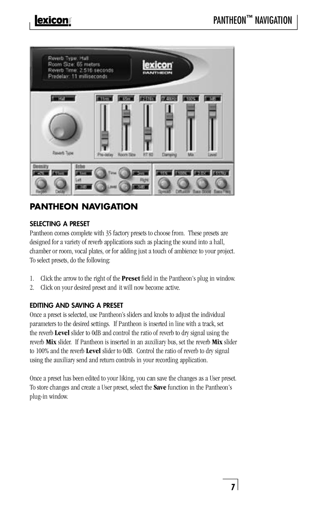 Lexicon musical instrument owner manual Pantheon Navigation, Selecting a Preset, Editing and Saving a Preset 