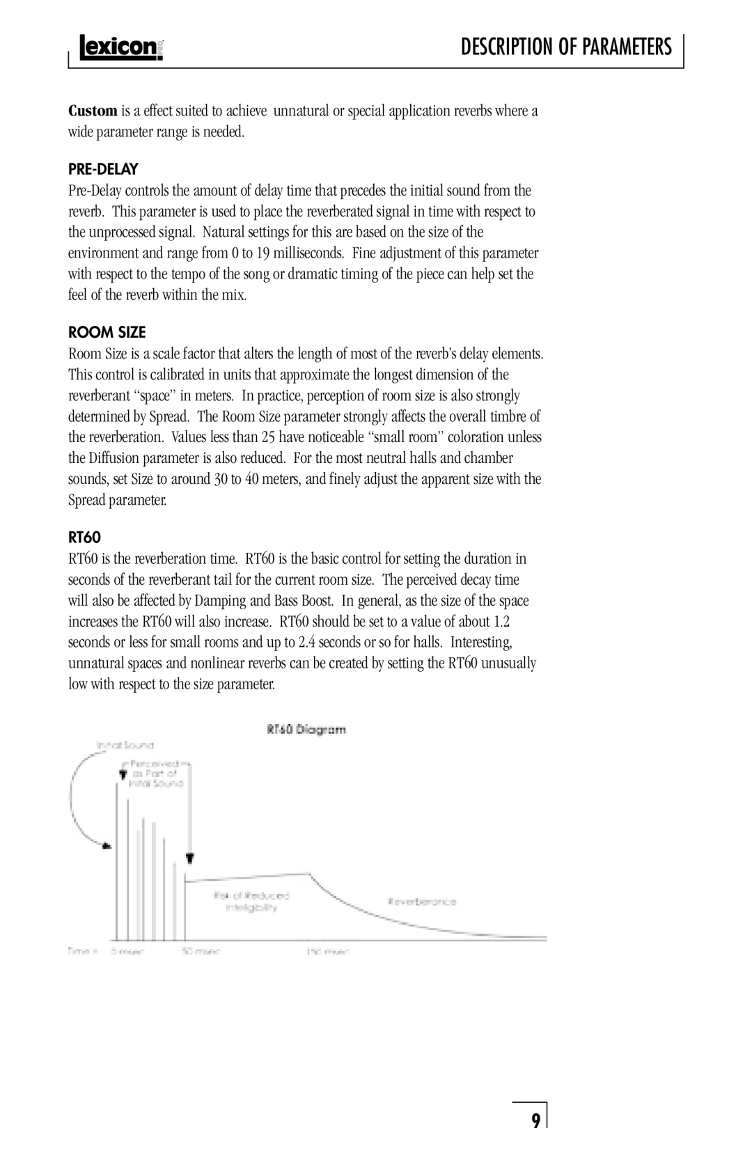 Lexicon musical instrument owner manual Pre-Delay, Room Size 