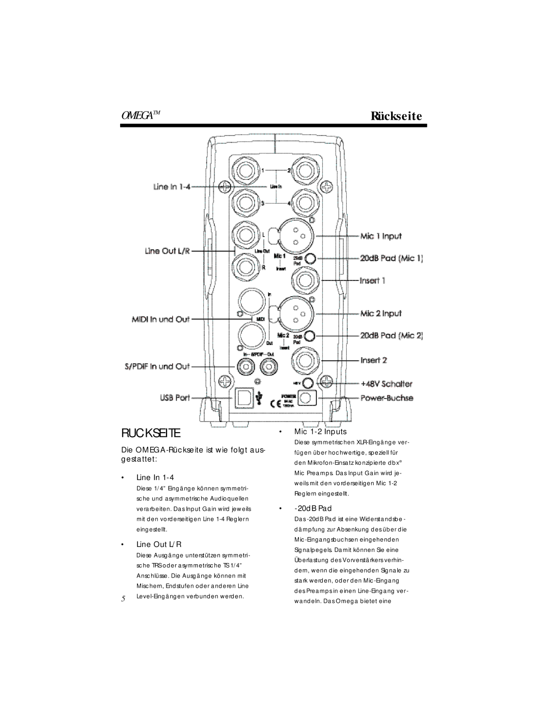 Lexicon OMEGA Desktop Recording Studio owner manual Rückseite, Line Out L/R, Mic 1-2 Inputs, 20dB Pad 