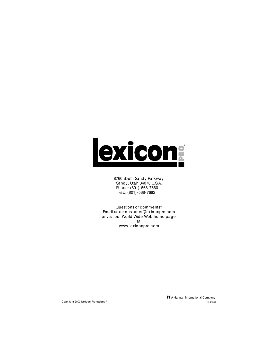 Lexicon OMEGA Desktop Recording Studio owner manual Copyright 2003 Lexicon Professional 18-0233 