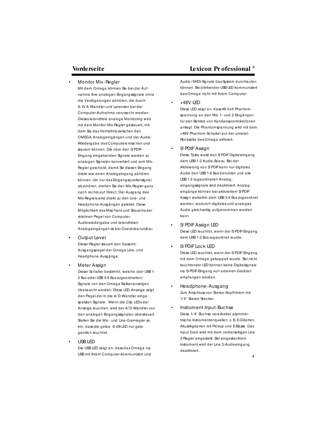 Lexicon OMEGA Desktop Recording Studio owner manual Monitor Mix-Regler, Output Level, Meter Assign, +48V LED, Pdif Assign 