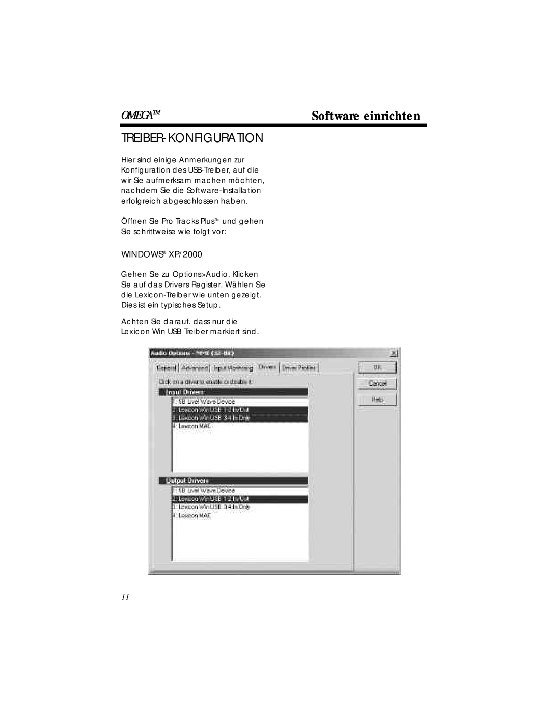 Lexicon OMEGA Desktop Recording Studio owner manual Software einrichten, Treiber-Konfiguration, WINDOWS XP/2000, Omegatm 