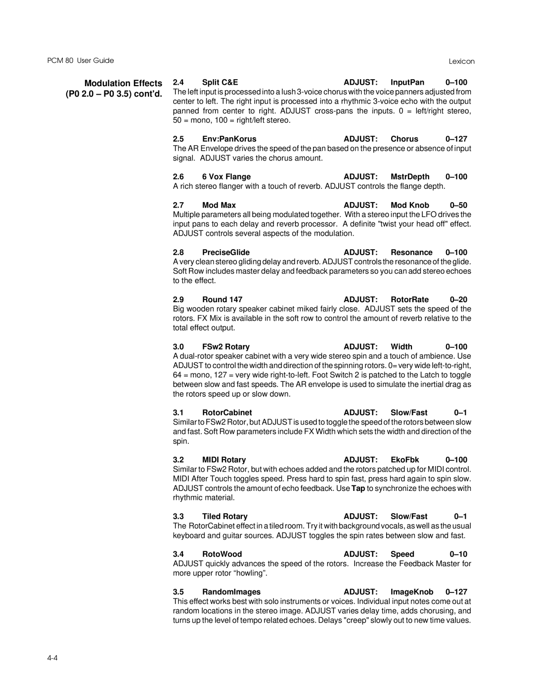 Lexicon PCM 80 manual Modulation Effects P0 2.0 P0 3.5 contd 